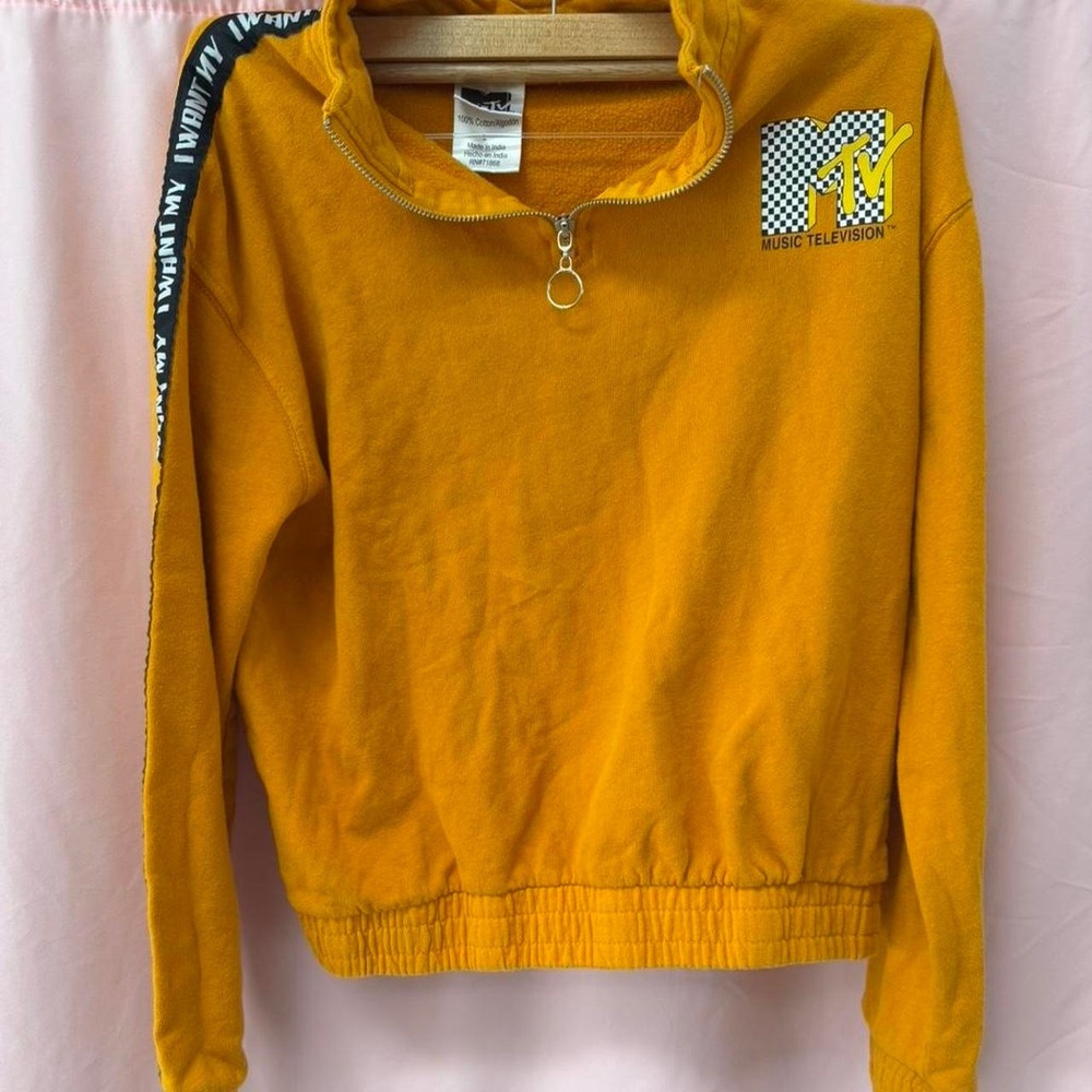 Yellow MTV quarter zip hoodie with black accents Size L